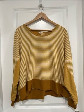 Hem and Thread Striped Relaxed Fit Women’s Top in Mustard Size S/M